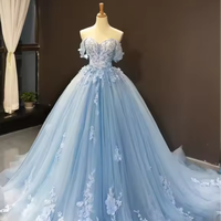 NDB10075 Robe de princesse tutu bleu couleur féerique, asymétrique à épaule dénudée, à traîne, élégante pour mariage, dîner et Quinceañeras