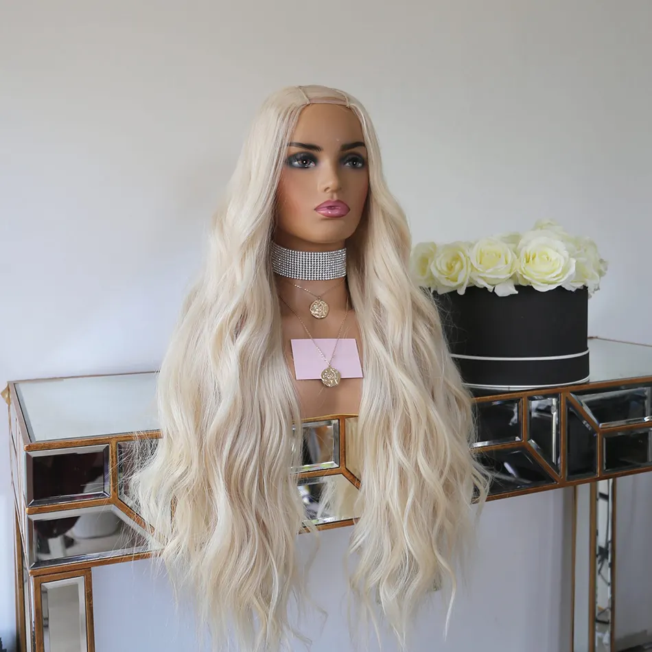 #60 Platinum Blonde Wavy Human Hair Machine Made U part Wigs for Women Long Thick 200 Density Human Hair Extension