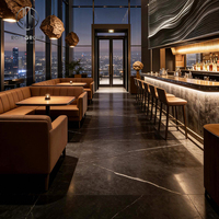 Ensemble de meubles de restaurant Ron Group : table ronde en bois, chaise ergonomique, banquette en cuir, tabourets de bar