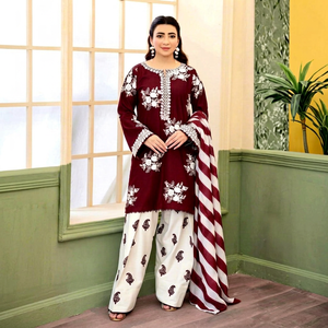 Salwar Kameez en coton bordeaux pour femme Fashionista International avec broderie florale blanche pour pantalon palazzo imprimé traditionnel - Product Image 1