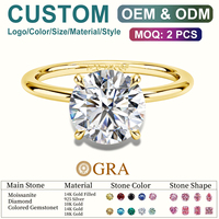 Bague de mariage pour femme en or 14 carats plaqué or, moissanite ronde de 2 carats couleur D à quatre griffes, certifiée GRA, bijoux en or 14k 18k sur mesure