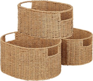 Panier en osier Vagusicc, tressé à la main en jacinthe d'eau avec poignées, grand panier rond tressé pour étagères, pour l'organisation et la décoration - Product Image 3