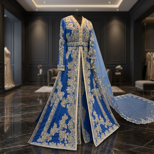 Blue Embroidered Georgette Ball Gown <b>Wedding</b> Dress With V-Neck Long Sleeve Hand Embroidery Full Length Women Dress - Product Image 2