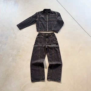 Manufacturer Custom High Quality 2 Piece Denim Jacket and Jeans <b>Pants</b> Set Luxury Men's Heavyweight Baggy Raw Denim Jeans Set - Product Image 3