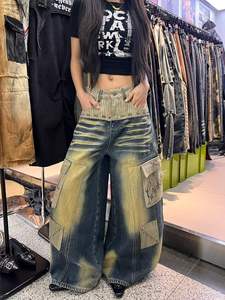 Pantalones Vaqueros Cargo Vintage Lavados de Pierna Ancha con Parches para Streetwear - Product Image 5