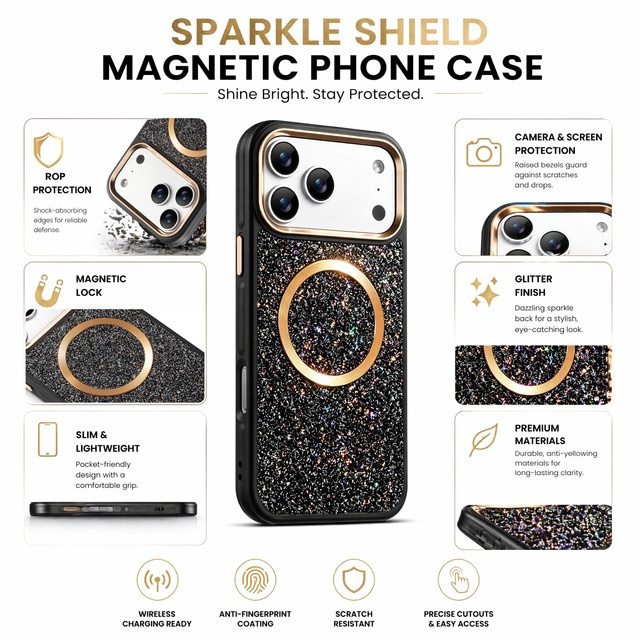 Premium Solid Color Glitter Airbag Shockproof Phone Case, Compatible for iPhone 17 Pro Max / 16 Pro / 15 / 14, Fashion Design