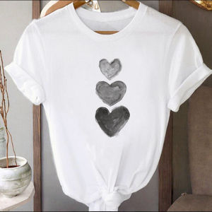 T-shirt décontracté pour femme en coton tissé respirant de haute qualité, nouvelle mode, coupe classique, manches courtes, imprimé cœur d'amour - Product Image 3