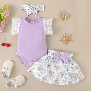 Conjunto de ropa para bebé recién nacido, falda Floral, 100% algodón, peleles de verano, venta al por mayor