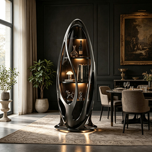 Oval Glossy <b>Black</b> Fiberglass Wine <b>Cabinet</b> Tempered Glass Door Built-in Led Shelves for Luxury Home Dining Room This This Wine - Product Image 2
