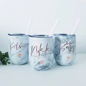 12 Oz Stemless Marble Glass Wine Thép Không Gỉ Cách Nhiệt Du Lịch Tumbler Wine Cup Với Nắp Rơm