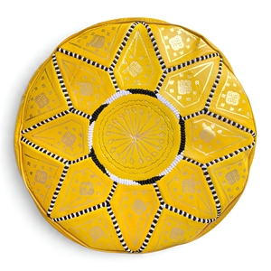 Puf Otomano Redondo de Cuero Hecho a Mano en Marruecos, Reposapiés Amarillo con Bordado Metálico, Diseño Mediterráneo Moderno - Product Image 1