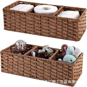 Woven <b>Storage</b> <b>Basket</b> Three Compartment <b>Rectangular</b> Handmade For Cosmetics And Kitchen Organization - Product Image 1