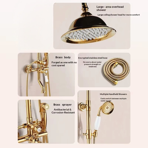 Ensemble <span class=keywords><strong>de</strong></span> <span class=keywords><strong>douche</strong></span> mural réglable en laiton doré, style français, luxe léger, mitigeur chaud/froid, effet pluie rétro, avec <span class=keywords><strong>barre</strong></span> coulissante, garantie 3 ans - Product Image 3