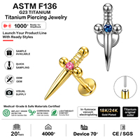 Piercing Labret en Titane ASTM F136 G23 sans Filetage, Forme d'Épée avec Zirconium Cubique Plaqué Or, pour Hélix, Tragus, Lobe