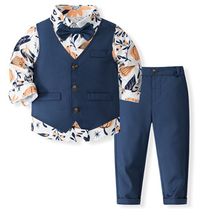 Catpapa - Conjunto de 4 Piezas para Niños, Camisa Floral, Chaleco Sólido, Corbata de Moño, Pantalones con Puños, Traje Formal para Boda - Product Image 1