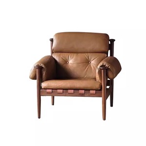 Paresseux en cuir rétro français de luxe nordique léger dans la chaise de loisirs simple en bois massif de style ancien - Product Image 3