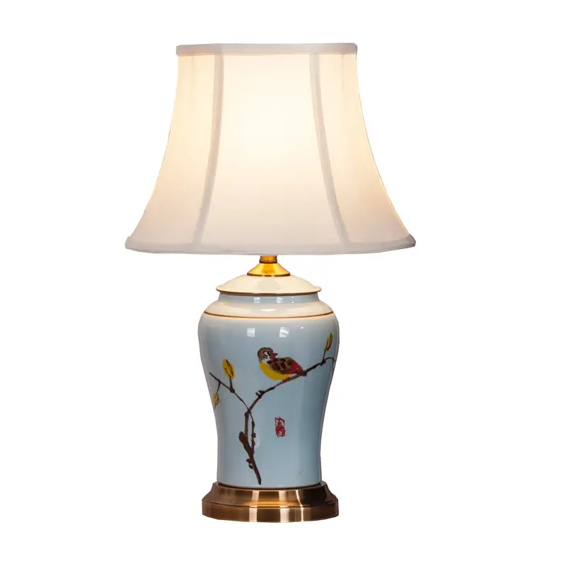 hand painted ceramic bird table lamp desk living room lamp full copper base blue lamp body cloth cover