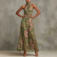 Robe longue en mousseline à imprimé floral, col halter, sans manches, avec ceinture à nouer, pour soirée