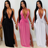 Robe de soirée sexy pour femme, col halter en V profond, dos nu, moulante aux hanches, fente haute, longueur ras du sol, noire, vente en gros, personnalisable OEM