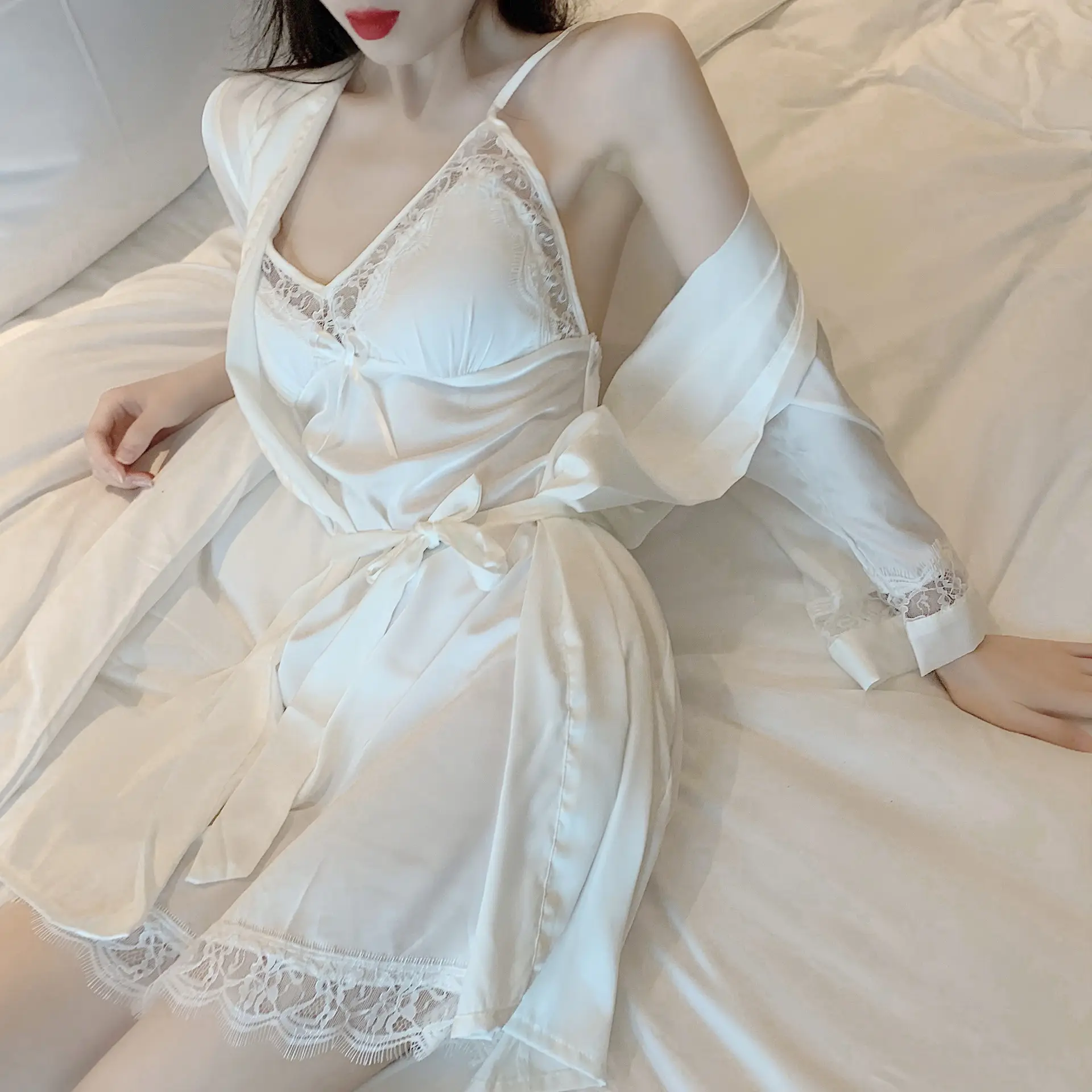 Lace Patchwork 2PCS Sleepwear Nightgown Kimono Bathrobe Gown Satin Lady Nighty&Robe Suit Sexy Home Clothes White Wedding Robe