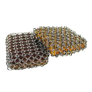 กระทะเหล็กหล่อสำหรับทำความสะอาด,แปรงขัดโซ่ Chainmail Scrubber สำหรับเหล็กหล่อ316แปรงขูดโลหะสแตนเลส