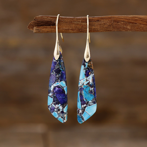 Pendientes Largos Geométricos de Jaspe de Sedimento Marino Natural, Estilo Bohemia, Chapados en Oro de 18K, con Cuarzo Morado y Azul, Joyería de Regalo - Product Image 1