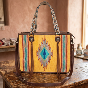 Women's Vintage Bohemian Handwoven Saddle Blanket Genuine Leather Western Crossbody Tote Handbag Cotton <b>Fringe</b> Tassels Geometric - Product Image 2