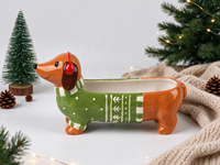 Vente en gros d'usine, pot à fleurs en céramique personnalisé peint à la main, chien teckel de Noël. Conteneur multifonctionnel pour chien Wiener