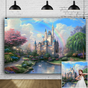 Château rêveur princesse toile de <span class=keywords><strong>fond</strong></span>, ciel <span class=keywords><strong>bleu</strong></span> et nuages blancs arrière-plans pour enfants famille conte de fées princesse fête d'anniversaire - Product Image 2