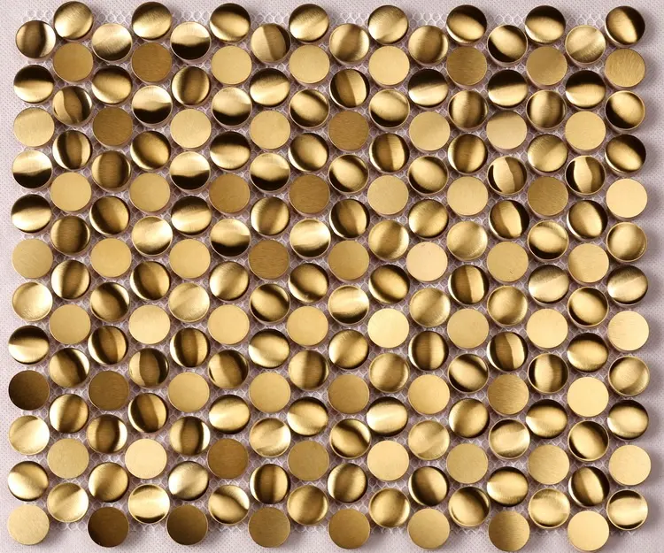Luxe Glans Gouden Penny Ronde Geborsteld Roestvrij Staal Mozaïek Metalen Tegel Voor Hotel Wanddecoratie