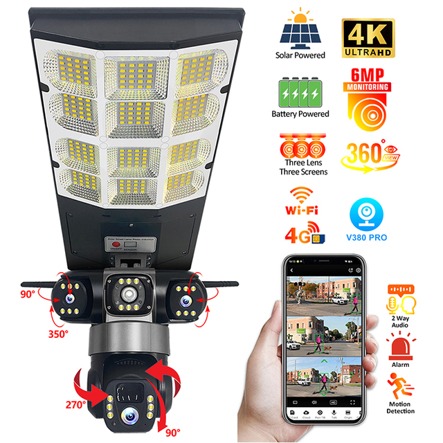 12MP 4G WiFi Solar Street Light Camera 3 Lens Outdoor PTZ CCTV Wireless Security Lamp with LED Lighting and Motion Detection