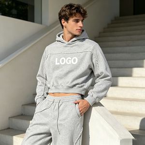 ชุดฮู้ดดี้ครอปผู้ชาย ปักลาย 3 มิติ ล้างสีแบบแอซิด ประดับเพชรฮอต 560GSM ชุดฮู้ดดี้และกางเกงวอร์มสำหรับผู้ชาย เสื้อผ้าผู้ชายราคาประหยัด - Product Image 5