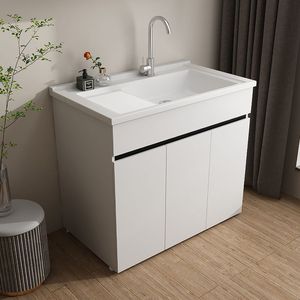 Stainless Steel <b>Floor</b> Standing Laundry Sink With Washboard White <b>Cabinet</b> <b>Bathroom</b> Vanity Double Hole Faucet Opening - Product Image 4