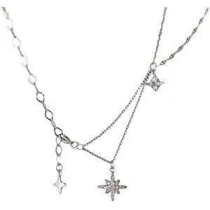 Collana con ciondolo a forma di stella in argento sterling 925 con ciondolo scintillante a doppio strato con catena per clavicola in chocker