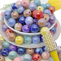 Perles rondes en acrylique irisées de 16 mm avec revêtement UV, trou droit, breloques lâches pour la fabrication de bijoux DIY