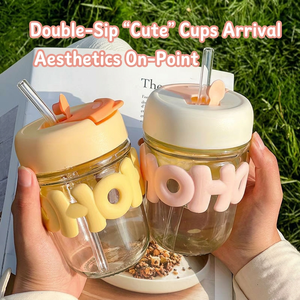 Hot verkopende schattige glazen beker, zeer esthetisch, INS-letterdesign, dubbele drinkbeker met rietje, viral stijl - Product Image 5