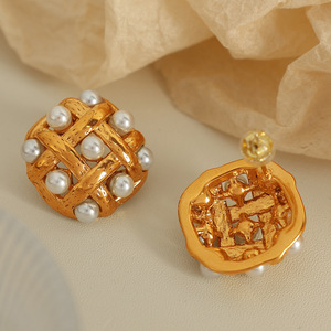 Pendientes de Perlas Vintage Retro Franceses, Diseño Geométrico de Red, Tono Dorado, Perlas Blancas y Negras, Joyería para Fiesta - Product Image 2