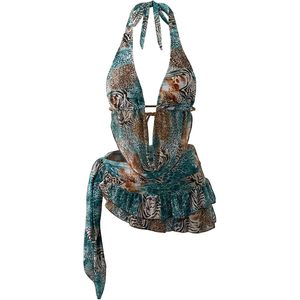 RoseSeek Ensemble de bikini 3 pièces à imprimé animal pour femme, maillot de bain drapé à bretelles et string avec jupe de plage - Product Image 1