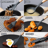 Offre Spéciale 12 pièces cuisson Silicone ustensiles de cuisine ensemble outils de cuisine Silicone ustensiles de cuisine avec manche en bois et seau de rangement