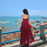 Robe longue à volants pour femme, élégante, à fines bretelles, en mousseline rouge, idéale pour l'été, la plage et les vacances – Vente en gros usine, personnalisable