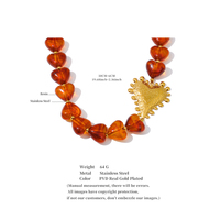 JINYOU 1757 Acrylic Resin Amber Heart Beads Necklace Stainless Steel Plated Gold Large Heart Necklace for Sweater Chain