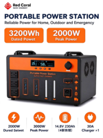 Centrale Électrique Portable OEM 2000W 3200Wh au Lithium Fer Phosphate, Générateur Solaire à Onde Sinusoïdale Pure pour Camping-Car, Voyage, Extérieur et Urgences
