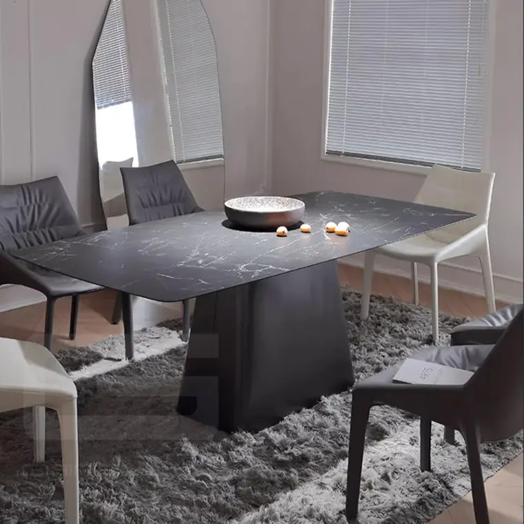 Meubles de maison en pierre frittée moderne et minimaliste ensemble de table à manger de luxe léger avec pieds en métal noir