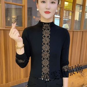 Women's Knit <b>Top</b> High Neck Solid Color Rhinestone Base <b>Layer</b> Plus Size Soft Acrylic Fiber Autumn Winter Wear - Product Image 3