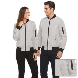 Unisex <b>Light</b> Gray Bomber <b>Jacket</b> Black Trim Zipper Closure Casual Winter Wear Regular Fit Polyester Material <b>Waterproof</b> Hooded - Product Image 1