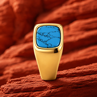 Bague Chevalière Bohème JLM pour Homme, Plaqué Or 18K, Turquoise, Acier Inoxydable, Pierre Bleue Taille Coussin, Vente en Gros de Bijoux