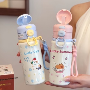 Bouteille d'eau isotherme portable en acier inoxydable 316 à double compartiment, à parois droites, avec poignée, motif dessin animé, pour l'extérieur, idéale comme cadeau créatif - Product Image 3