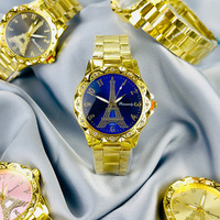 Ensemble de montres et bijoux classiques en acier inoxydable doré pour femmes, avec montre à quartz Tour Eiffel en alliage, style Paris, vente en gros