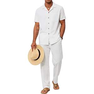 Conjunto de Playa de 2 Piezas para Hombre, Camisa Blanca de Manga Corta de Algodón y Pantalones Holgados, Estilo Casual de Verano - Product Image 1