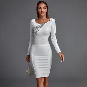 Ocstrade 2024 Fall Women Dress Cut Out White Long Sleeve Party Dress Sequined Neckline With Shiny Chains Midi Bandaged Dress